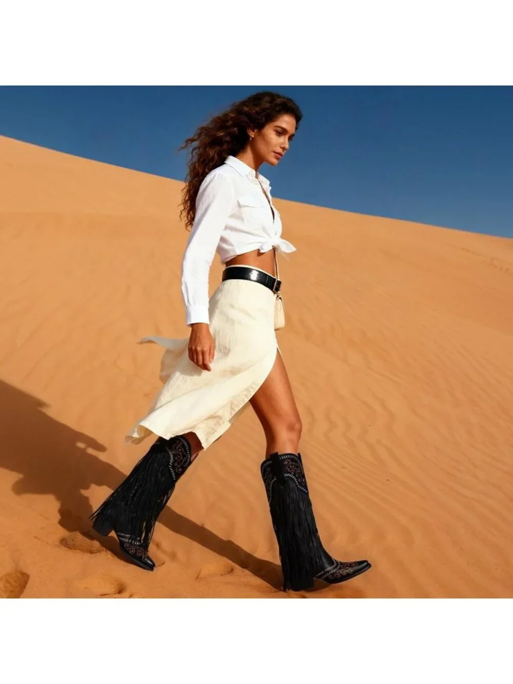 Women's Retro Black Knee High Pointed Toe Fringe Cowboy Mid Block Heel Boots